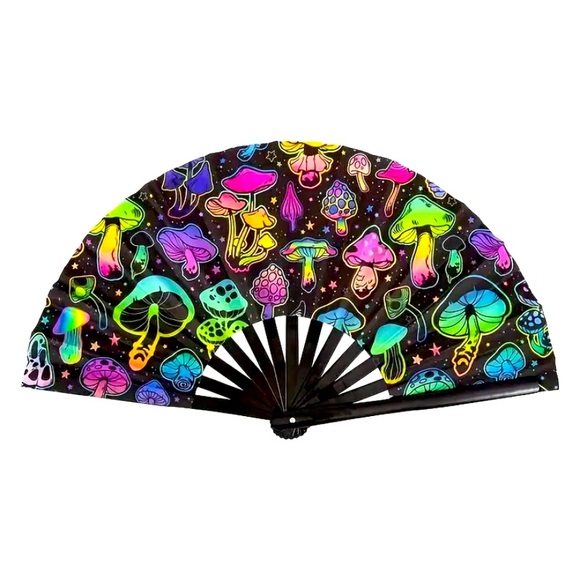 Mushroom Print UV Reflective Dance Rave Fan Accessory Bamboo Sateen Black Neon - Picture 2 of 7